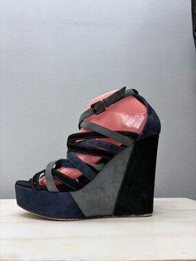 Valentina Rangoni Frenze Blue Suede Gloria Platform Wedge Sandals Size 9